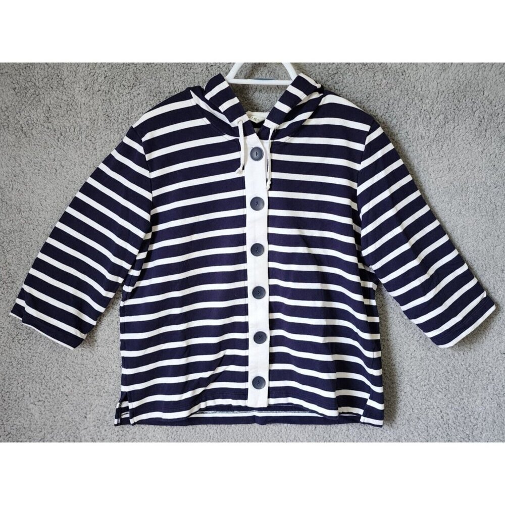Orvis Women's‎ 3/4 Sleeve Button Up Hoodie Navy & White Striped Nautical Size L